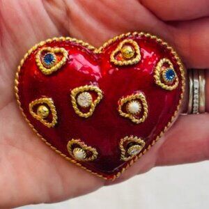 Rare Vintage Signed Red Enamel Heart Brooch With Studs Jewels